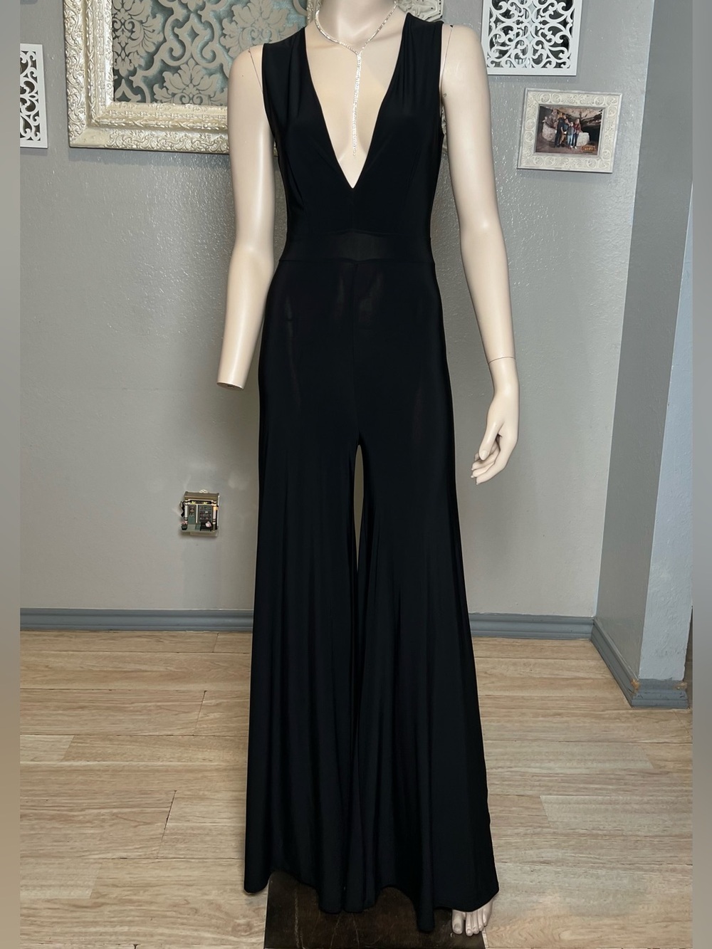 Black Deep V Wide-Leg Jumpsuit